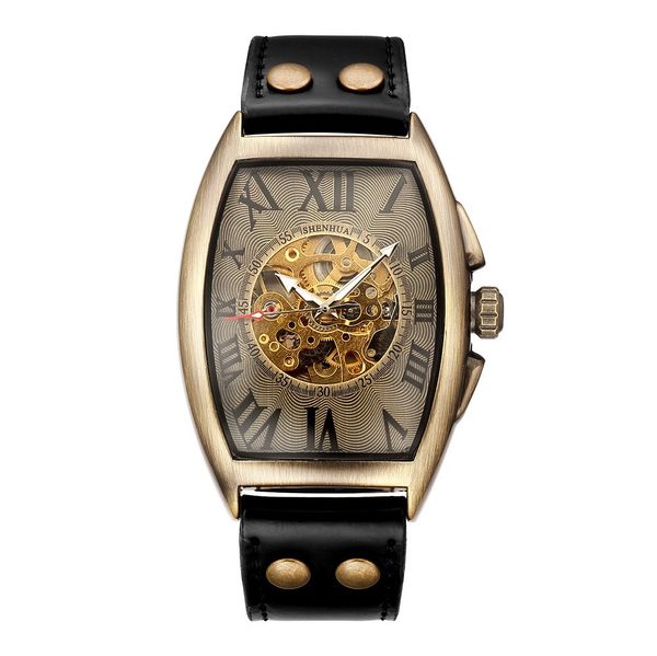 Orologio da polso cavo Nuova pelle meccanica da uomo con fibbia rivettata Orologio casual luminoso Orologio da polso al quarzo con batteria, orologio da uomo in bronzo