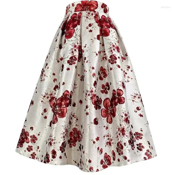 Gonne 2024 Primavera Donna Elegante Vintage Retro Vita Alta Stampa Floreale Rossa Gonna Lunga A Pieghe per La Cerimonia Nuziale Del Partito Carnevale