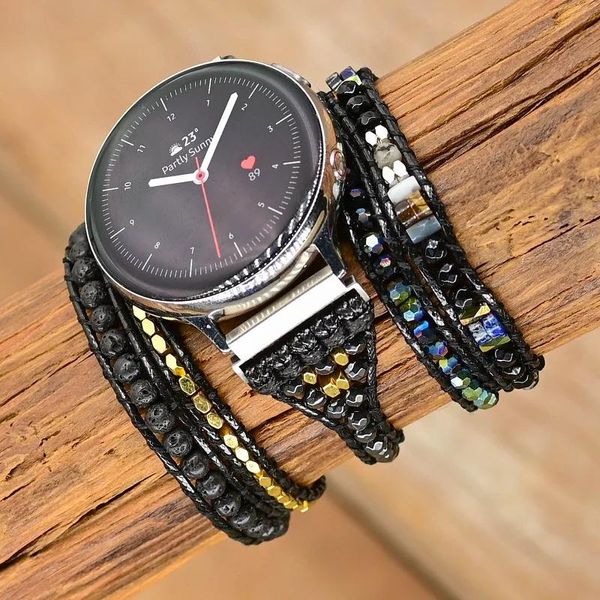 Bracciali Vegan Bohemian Black Mix Natural Stone Samsung Watch Band Beadwork 5 Wraps Bracciale fatto a mano con cinturino per orologio Commercio all'ingrosso di gioielli