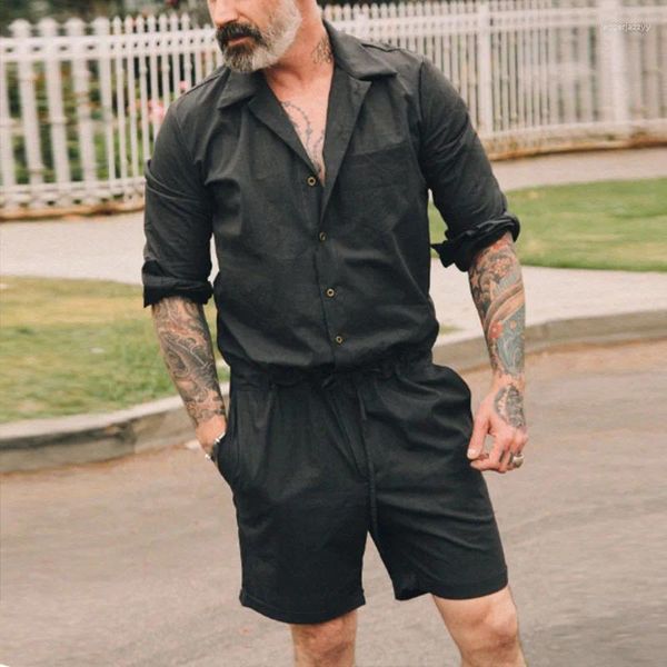 Fatos masculinos moda sólida roupas masculinas streetwear 2024 primavera verão casual algodão linho camisas e shorts dois conjuntos de peças