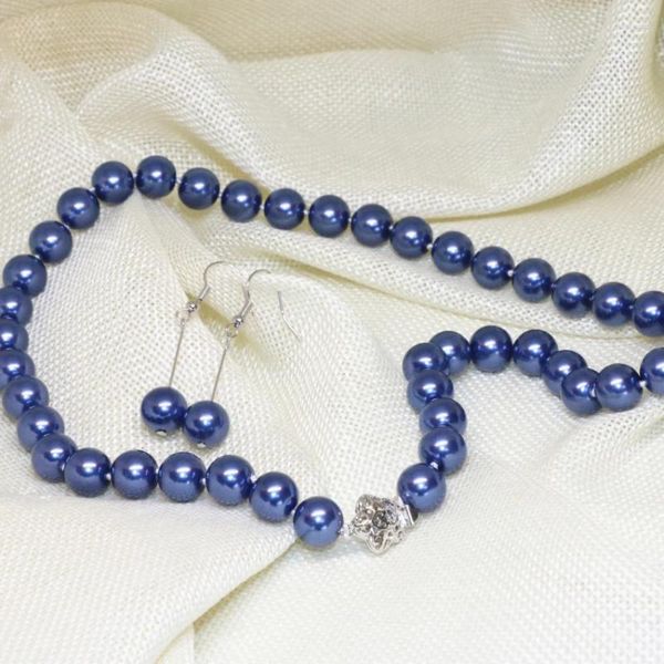 Halskette-Ohrringe-Set, hochwertig, dunkelblau, künstliche Muschel, 10 mm, runde Perlen, Strang, Kette, Damenschmuck, 45,7 cm, B2344