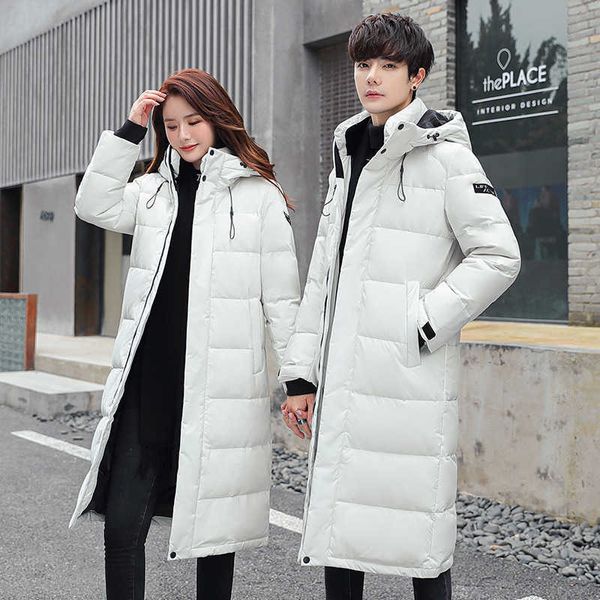 Мужские пуховые парки, зимняя пара, длинный пуховик, мужская хлопковая куртка на белом утином пуху, женская корейская версия, облегающая и теплая модная куртка