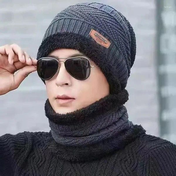 Berets Herbst Winter männer Schal Abdeckung Kopf Hals Zwei Stück Hut Kalt Warm Ohrenschützer Gestrickte HatWoolen Outdoor