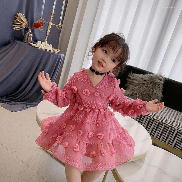 Abiti da ragazza 1-2T Abito da principessa in chiffon dolce per bambina Estate Polsini elastici rosa Manica lunga Scollo a V Casual Carino 3D Flower Dot