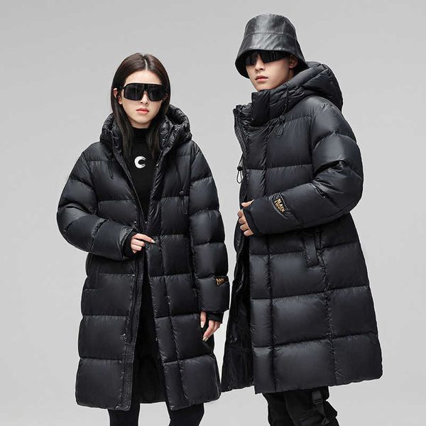 Piumino da uomo Parka alla moda Piumino da uomo di media lunghezza al ginocchio 2023 Inverno Piumino d'anatra bianco Giacca allentata calda con cappuccio