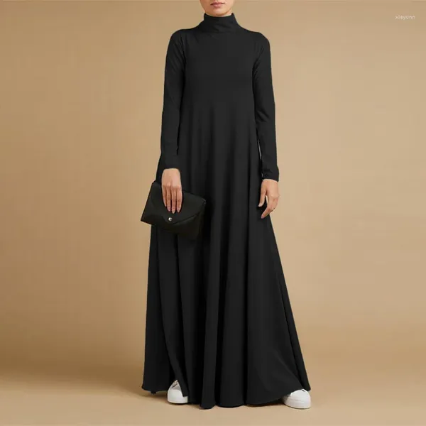 Roupas étnicas S-5XL Vestidos Muçulmanos Abayas para Mulheres Vintage Sólido Maxi Vestido Feminino Gola Alta Sundress Casual Manga Longa Vestidos