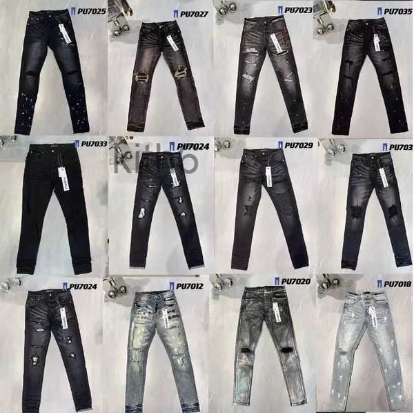 Calças masculinas novas designer mulheres jeans high street tendência preto rasgado locomotiva slim fit motociclista homens roxo marca reta perna estiramento moer branco vk5s
