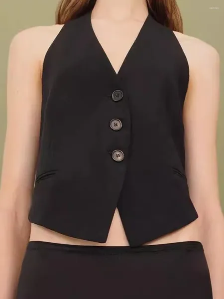 Chalecos de mujer Chaleco negro para mujer con cuello en V de un solo pecho Vintage Moda sin espalda Halter Chaleco 2024 Ajuste de verano Chaquetas sin mangas