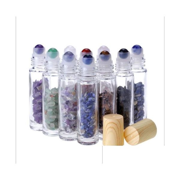 Bottiglie di imballaggio Diffusore di olio essenziale all'ingrosso 10 ml di vetro trasparente Roll On con sfera di cristallo naturale schiacciato in pietra di quarzo Dhudv