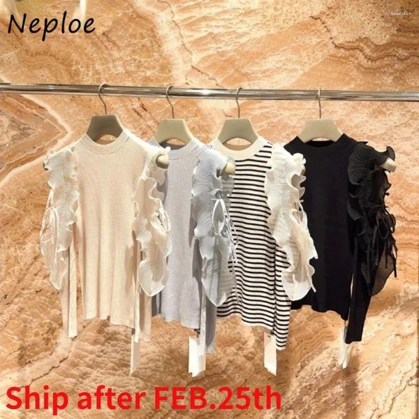 Damenpullover Neploe Sweet O Neck Blütenblattärmel Eleganter Pullover Patchwork Off-Shoulder Rüschen Solide Pullover Japan Knit Lace Up