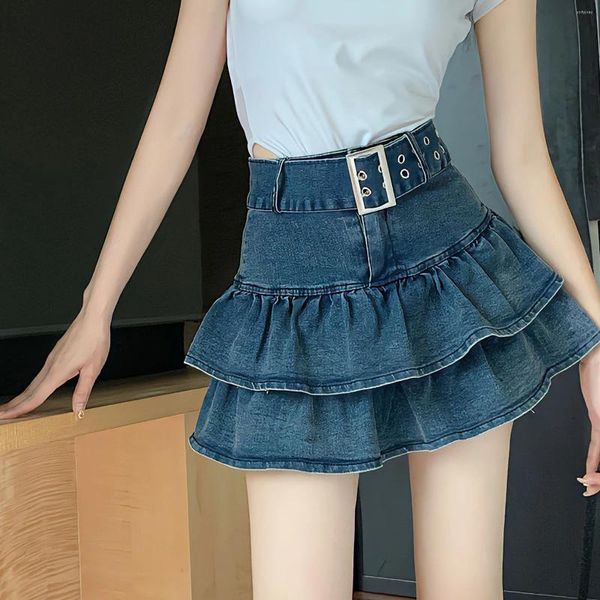 Röcke 2024 Harajuku Plissee Chic Sommer Mit Gürtel Vintage Hohe Taille Mode Denim Frauen Rüschen A-Line Y2k Mini