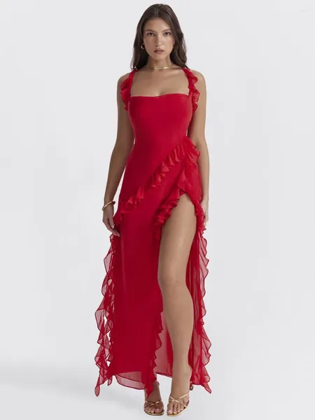 Vestidos casuais 2024 verão sexy vermelho babados espaguete cinta sem costas longas mulheres sem mangas elegante clube festa vestido praia fenda vestidos