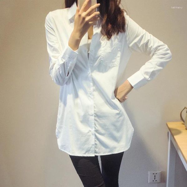 Blusas femininas estilo namorado camisa branca feminina casual solto topos design da marca manga cheia turn-down colarinho contton blusa longa