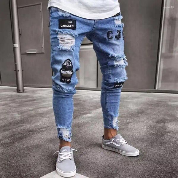 Jeans masculinos estação europeia calças 2024 outono branco perfurado e americano cross border preto slim fit cintura alta