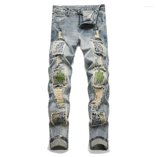 Jeans masculinos rasgados para homens bordados retalhos calças jeans slim fit angustiado streetwear hip hop buracos estilo punk calças largas