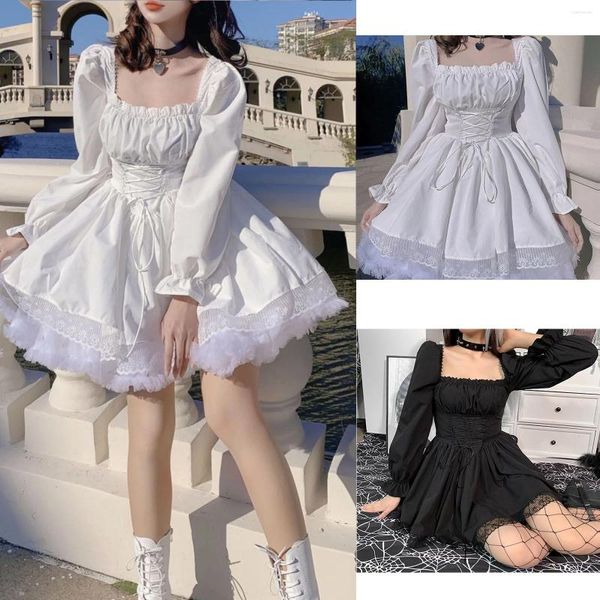 Vestidos casuais longo puff manga gola quadrada vestido cinta sexy laço império cintura cosplay festa boate saia para senhora meninas