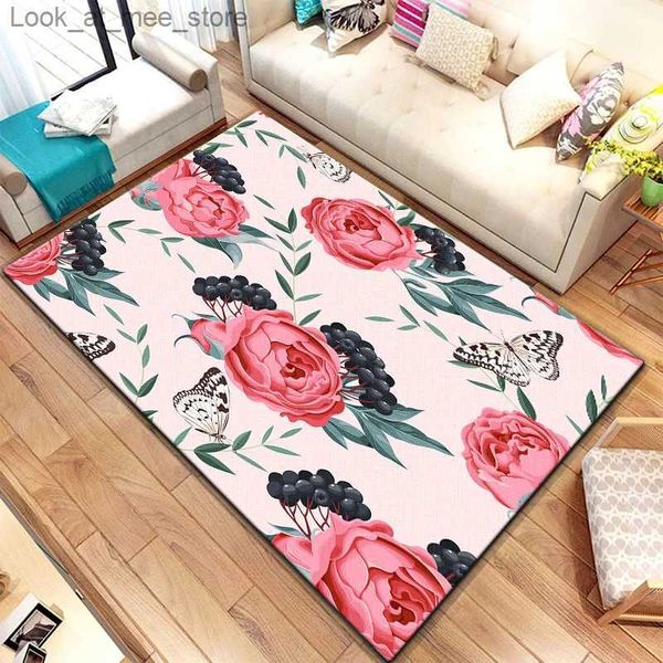 Carpete rosa flor bela pintura tapete para sala de estar grande tapete de área preto tapetes de decoração de carpete macio de tapetes boho tapetes piquenique q240123