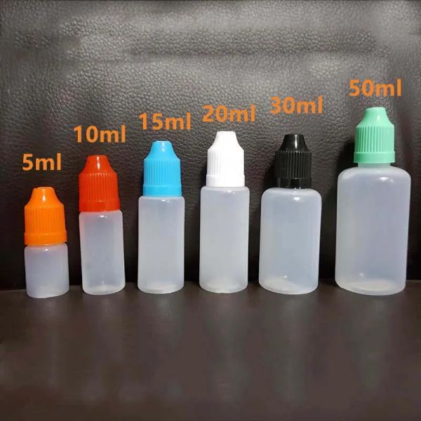 Atacado 5ml 10ml 15ml 20ml 30ml 50ml garrafa de embalagem de plástico vapor macio pe translúcido agulha conta-gotas tampas à prova de crianças para ll essencial