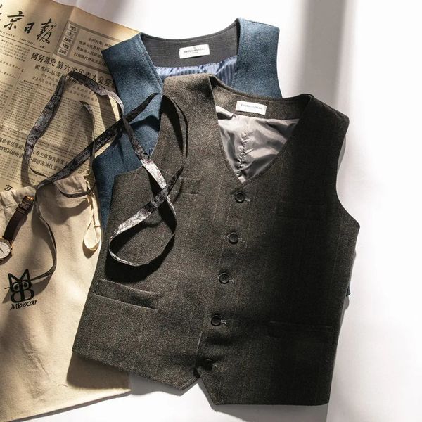 Gilet de costume pour homme, en Tweed à rayures à chevrons, simple boutonnage, col en V, Style anglais rétro, gilet de mariage, automne, gilets décontractés 240119