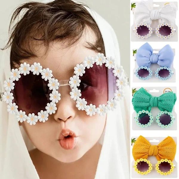 Accessori per capelli Fascia per capelli in nylon elastico Margherita con occhiali da sole a fiori Occhiali da sole per spiaggia Bohemia Beach Copricapo per bambini con fiocco a sbuffo