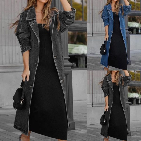 Trenchs pour femmes manteau Vintage longue veste en Jean coupe ample Double boutonnage manches en Denim solide automne vêtements de sortie d'hiver