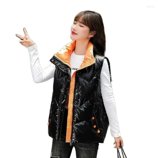 Gilet da donna Donna 2024 Autunno Inverno Giù Gilet di cotone Femminile Coreano Corto Superficie luminosa Lavaggio esterno Usura Colletto alla coreana Gilet1135