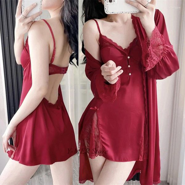 Mulheres Sleepwear Borgonha Twinset Robe Set Sexy Backless Spaghetti Strap Sweet Lace Nightgown Silk Rayon Mulheres Bathrobe Vestido Lounge