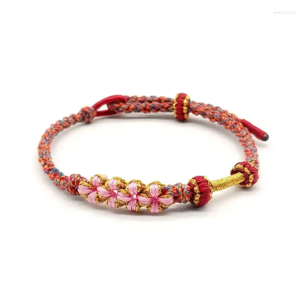 Charme pulseiras moda feminina requintado mão-malha pêssego flor pulseira fio de algodão vermelho simples romântico corda acessório