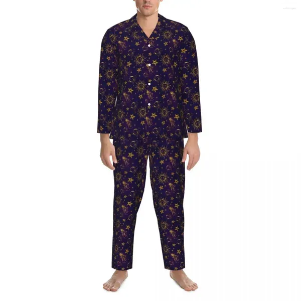 Homens sleepwear pijamas homens retro lua projetos casa nightwear magia astrologia 2 peças vintage pijama conjuntos de manga longa terno de grandes dimensões