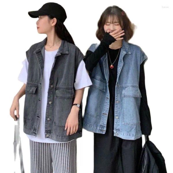 Coletes femininas mulheres colete coletes denim casacos solto vintage streetwear outerwear azul sem mangas cardigan tanque top jaqueta