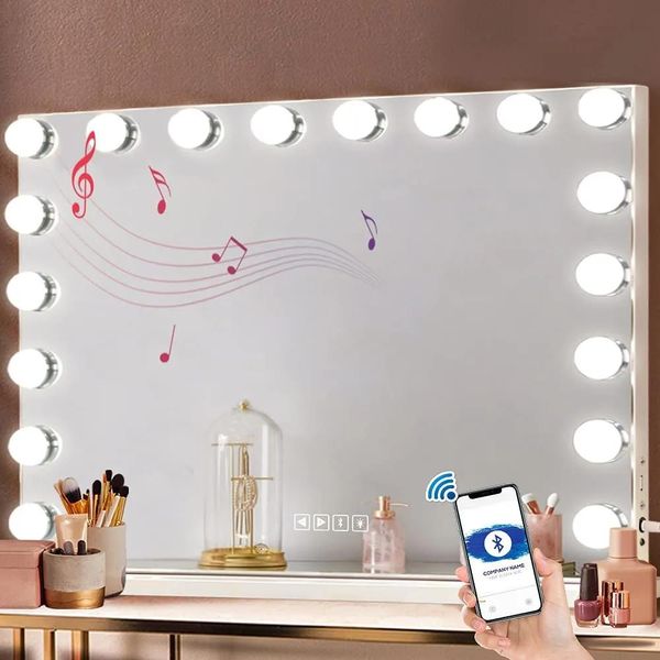 Зеркала Большое косметическое зеркало с подсветкой и динамиками Bluetooth Светодиодная подсветка с регулируемой яркостью и 10-кратным увеличением USB-порт для женского макияжа