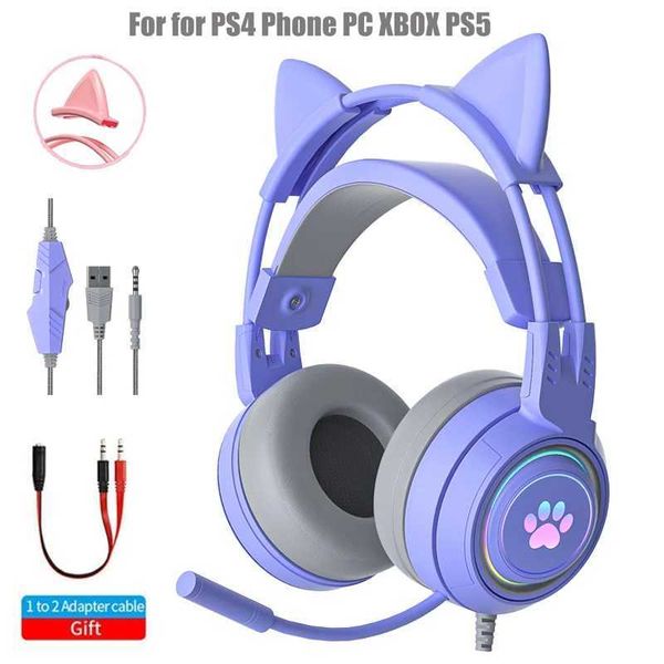 Fones de ouvido Cat Ear Gaming Headphones para PC Computer Gaming Headsets com microfone Ruído Cancell Wired USB 3.5mm Plug para PS4 / Xbox One J240123