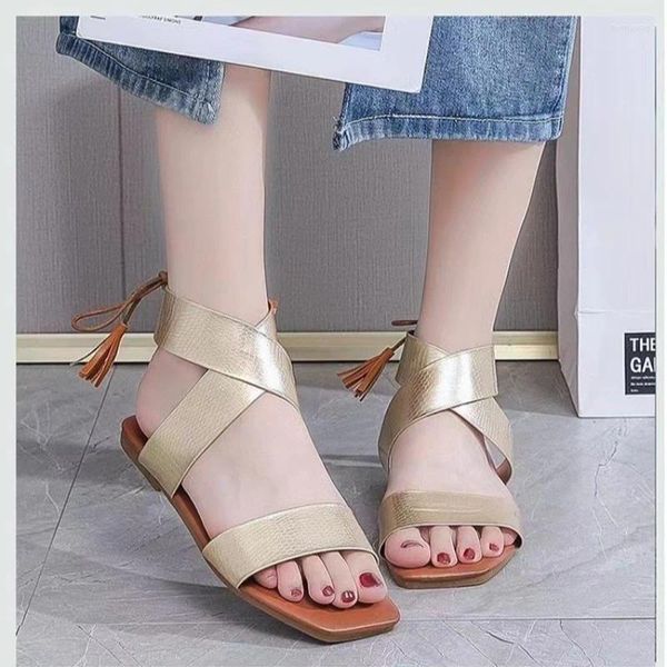 Sandálias Peep Toe Lace-up Casual Sólido Básico Sapatos Femininos à Venda 2024 Alta Qualidade Pu Flat com Verão