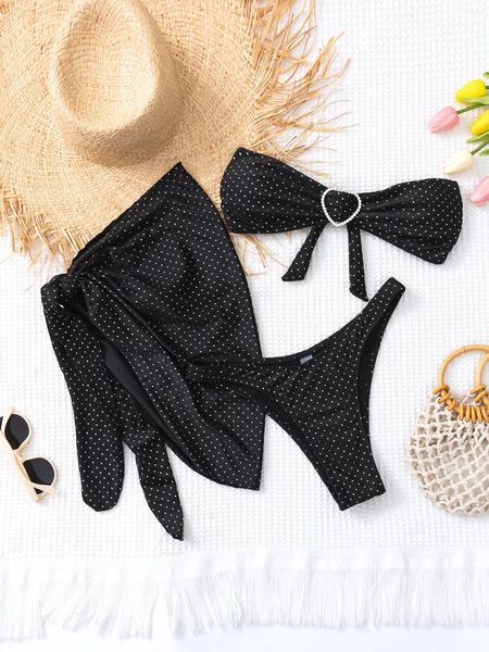 Roupa de banho feminina sexy strass glitter preto biquinis define três peças com capa saia tanga maiôs beachwear maiô biquini