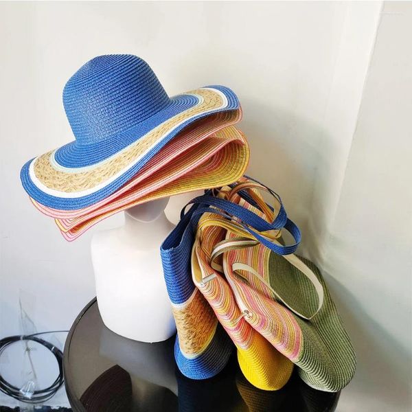 Шляпы с широкими полями, женская летняя соломенная шляпа, комплект с большой сумкой, разноцветные полоски, 2024, пляжная солнцезащитная, с защитой от УФ-лучей, складная дорожная панама