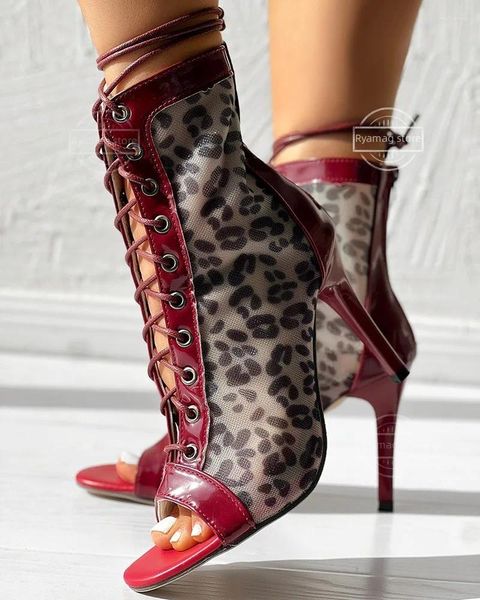 Sandali da donna modello leopardato stringati con tacco a spillo punta aperta tacchi alti scarpe da ballo cerniera peep sexy