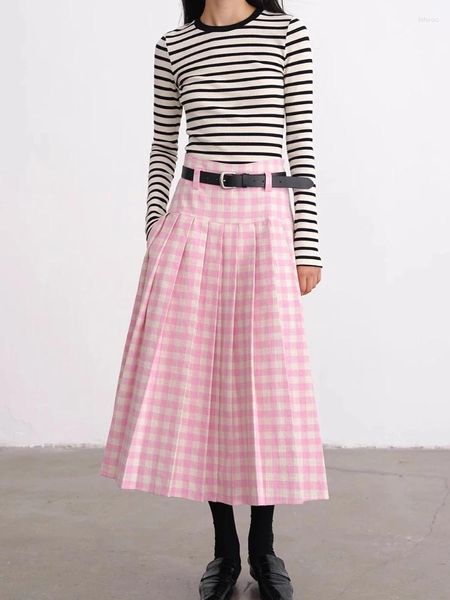 Юбки HOUZHOU, розовая клетчатая длинная юбка, женская кавайная винтажная трапециевидная юбка с высокой талией, свободная плиссированная для девочек, повседневная корейская осень Y2k