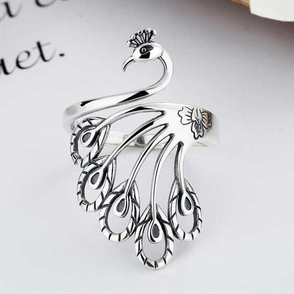 Кольца-кольца, креативное кольцо из стерлингового серебра с павлином, широкое кольцо для лица, женское, в национальном стиле, старое кольцо с фениксом в тайском стиле, Em0j
