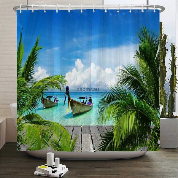 Tende da doccia Mare Albero di cocco Paesaggio marino Tenda da doccia Tende da bagno Modello stile spiaggia Tappeto antiscivolo Copri coperchio WC Tappetino da bagno