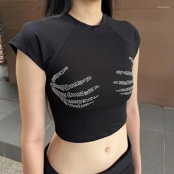 Женские футболки Sexy Club Женская летняя футболка с укороченным топом в стиле панк Y2K Harajuku Черные колготки с коротким рукавом со стразами и скелетом с ручным принтом