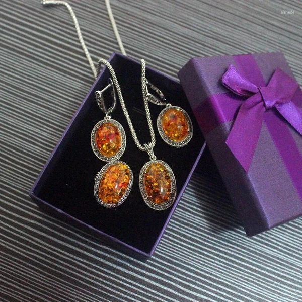 Halskette Ohrringe Set Ajojewel Schwarz CZ Damen Hochwertiger Oval Simulierter Bernstein Orange Stein Ring Vintage Geschenkartikel