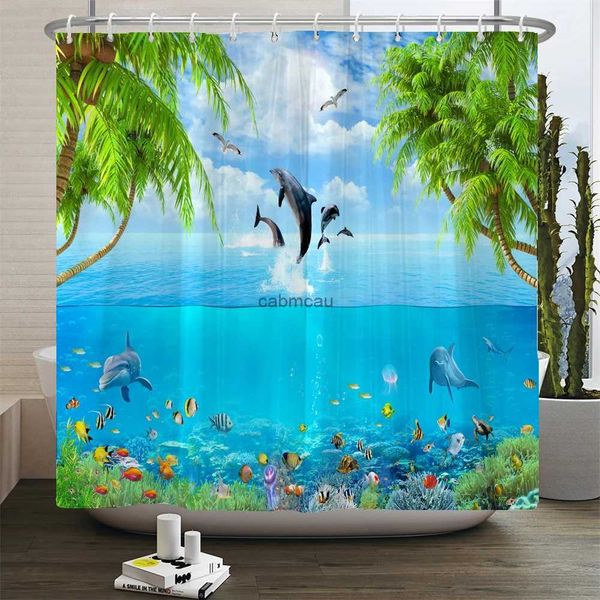 Tende da doccia 3D Beach Seaside Scenery Copriwater Set di tappetini da bagno Set di tende da bagno con stampa di delfini oceanici Tende da doccia in tessuto impermeabile