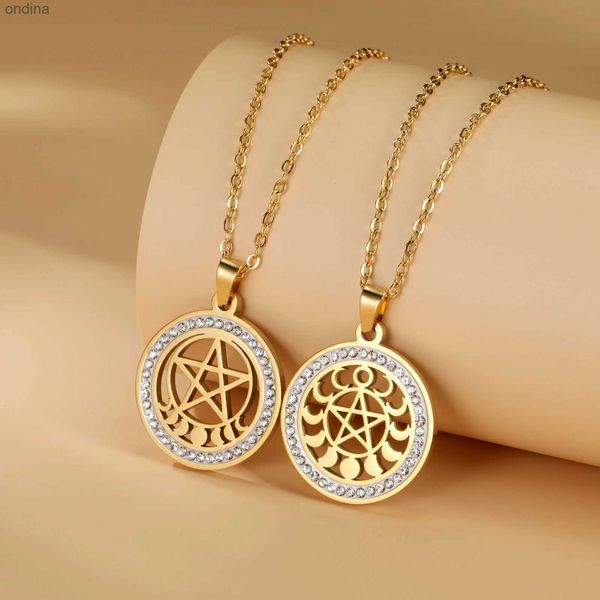 Anhänger Halsketten Mondphase Pentagramm Klar Zirkon Anhänger Halskette Edelstahl Gold Farbe Halsband Pentagramm Wicca Schmuck Valentinstag Geschenk YQ240124