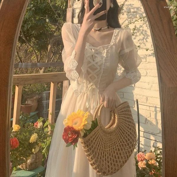 Vestidos casuais coreano casamento feminino vestido vitoriano vintage midi mulheres rendas elegante princesa primavera festa francesa fada