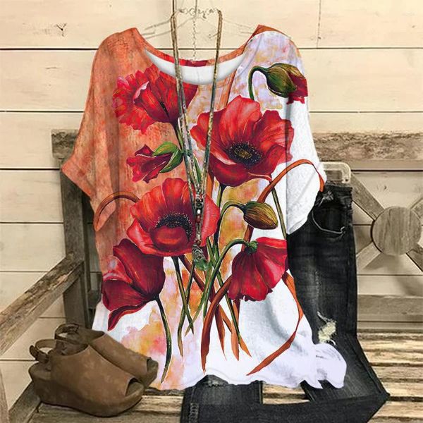 Kadın Tişörtleri Moda Tişörtleri Kadınlar Yaz Çiçekleri Desen Pullu Sevimli Kısa Kollu Gömlek Soyut Baskı Artı Beden Kadın Giysileri