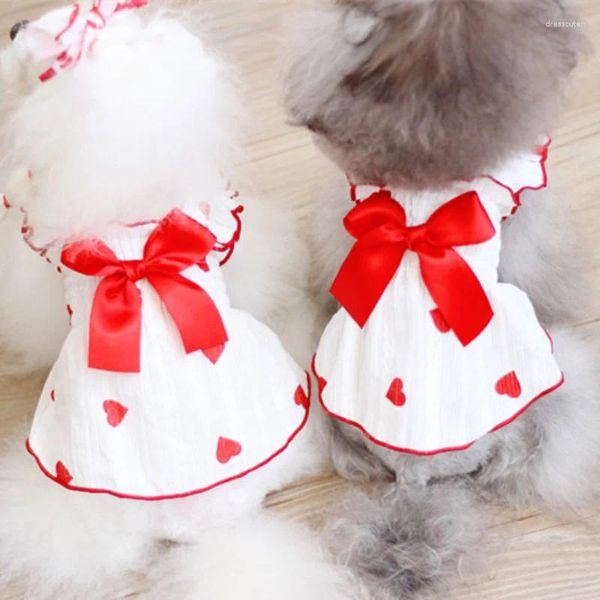 Cão vestuário coração princesa saia roupas para animais de estimação doce laço vestido roupas cães super pequeno bonito chihuahua impressão verão branco menina mascotas