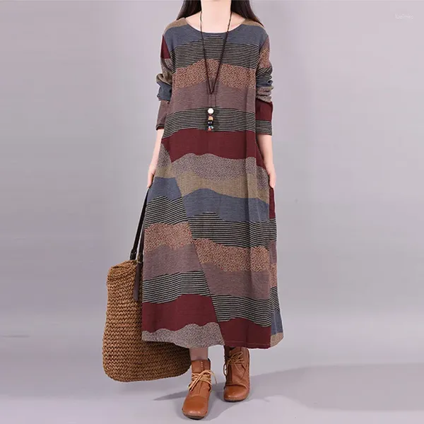 Abiti casual 2024 Primavera Letterario Patchwork allentato Abito in lino di cotone a righe Moda Donna Vintage Girocollo Manica lunga Maxi