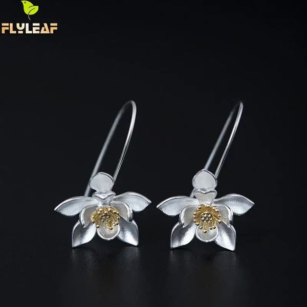 Ohrringe Flyleaf 100% 925 Sterling Silber Gold Farbe Große Lotus Blume Tropfen Ohrringe Für Frauen Vintage Chinesischen Stil Dame Schmuck