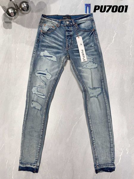 Designer Herren Lila Stack Jeans Zerrissene High Street Patch Loch Denim Gerade Bein Mode Hip Hop Kleidung 22