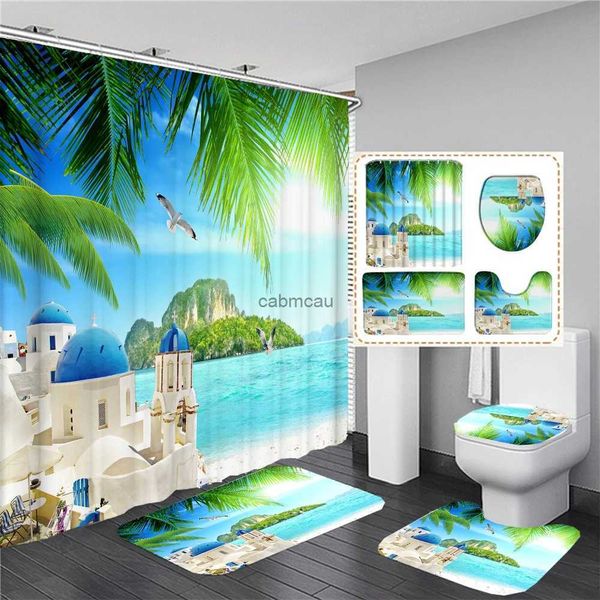 Cortinas de chuveiro litoral praia cenário 3d impressão à prova dwaterproof água cortina de chuveiro pedestal tapete tampa do banheiro conjunto com